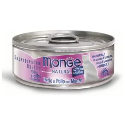 Monge Natural yetkin pişiklər üçün konservləşdirilmiş nəm yem, tuna, toyuq və mal əti ilə 80 q