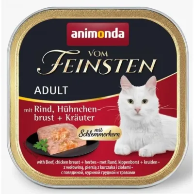Animonda Vom Feinsten yetkin pişiklər üçün paştetdə nəm yem, mal, toyuq və tərəvəzlər ilə, 100 q