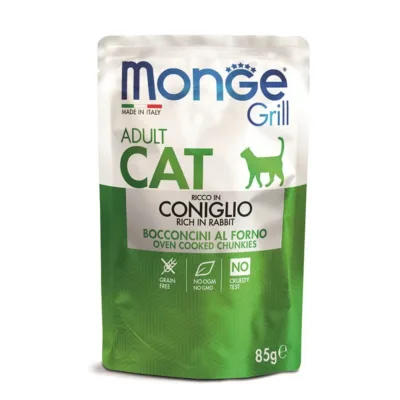Monge Grill Yetkin pişiklər üçün sobada hazırlanmış nəm yem, dovşan əti ilə, 85 q