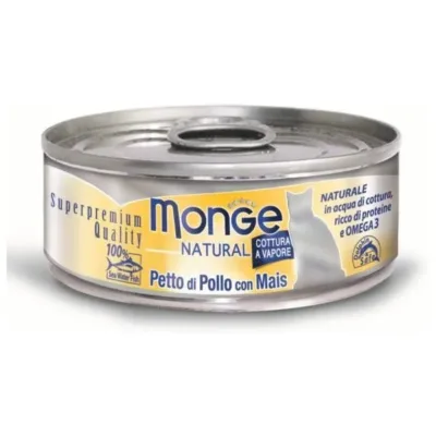 Monge Natural yetkin pişiklər üçün konservləşdirilmiş nəm yem, tuna, toyuq və qarğıdalı ilə 80 q