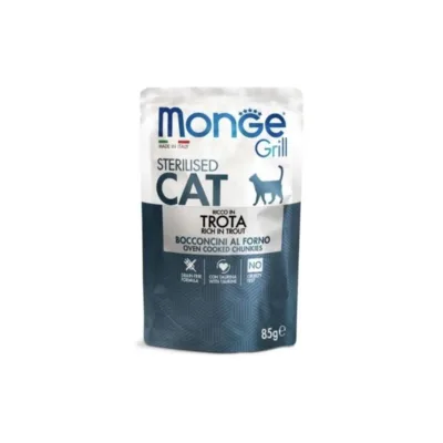 Monge Grill Sterilised Qısırlaşdırılmış pişiklər üçün nəm yem, italyan alabalıqı ilə, 85 q