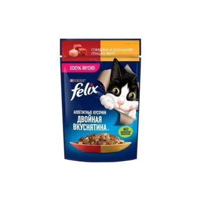 Purina Felix İkiqat ləzzət, Pişik üçün jeledə mal və quş əti ilə nəm yem, 75 qr
