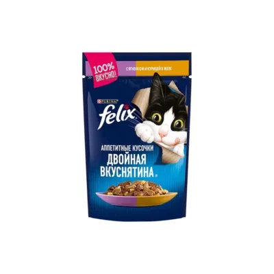 Purina Felix İkiqat ləzzət, Pişik üçün jeledə quzu və toyuq əti ilə nəm yem, 75 qr