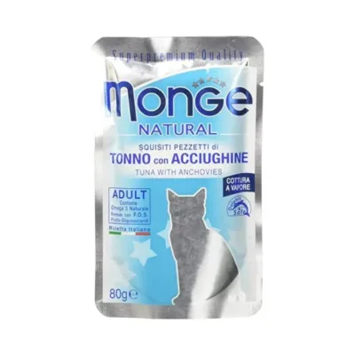 Monge Natural yetkin pişik üçün nəm yem, jeledə tuna balığı və ançous ilə, 80 q