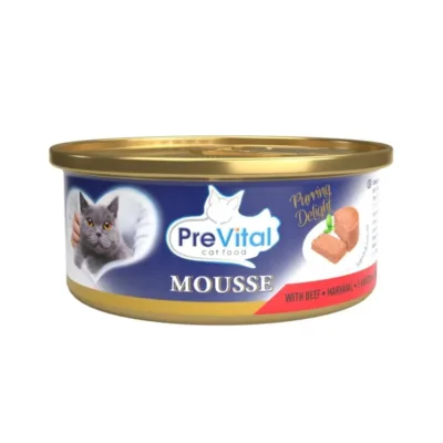 PreVital yetkin pişiklər üçün konservləşdirilmiş nəm yem, mal əti ilə muss, 85 q