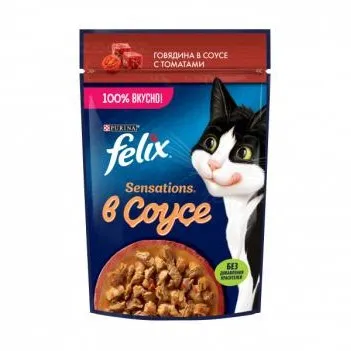Purina Felix Sensations Yetkin pişik üçün nəm yem, tomatlı sousda mal əti ilə, 75 q