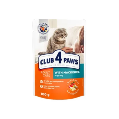 Club 4 Paws Yetkin pişik üçün nəm yem, sousda skumbriya ilə, 100 q