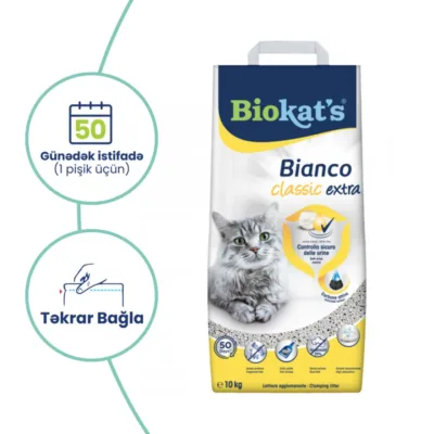 Biokat's Bianco Classic Extra Topalanan pişik qumu, aktivləşdirilmiş kömür ilə, 10 L