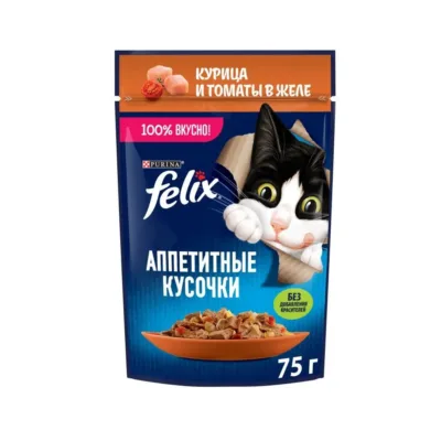 Purina Felix Yetkin pişik üçün nəm yem, jeledə toyuq əti və tomat ilə, 75 q