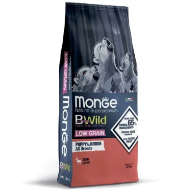 Monge BWild Low Grain All Breeds Puppy az dənəli quru yem bütün cins bala itlər üçün, maral əti ilə, 12 kq