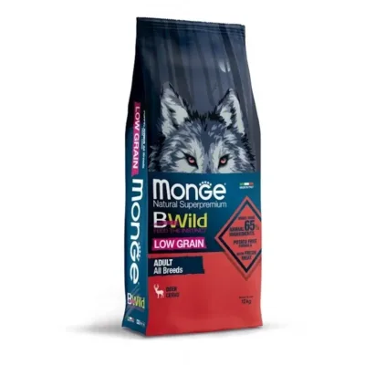Monge BWild Low Grain All Breeds az dənəli quru yem bütün cins yetkin itlər üçün, maral əti ilə, 12 kq