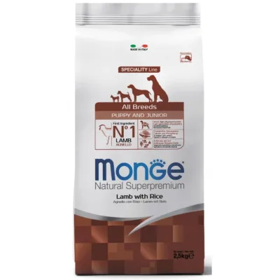 Monge Speciality Monoprotein All Breeds Puppy Bütün cins bala üçün quru yem, quzu və düyü ilə, 2.5 kq