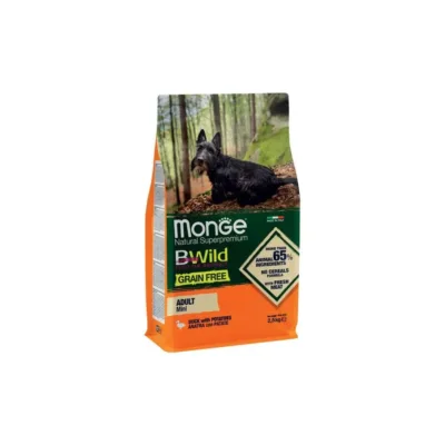 Monge BWild Grain Free kiçik cins yetkin itlər üçün dənsiz quru yem, ördək əti və kartof ilə 2.5 kq