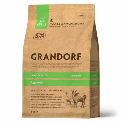 Grandorf Adult Mini Kiçik cins yetkin it üçün quru yem, quzu əti və hinduşka əti, 3 kq