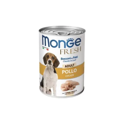 Monge Fresh yetkin itlər üçün konservləşdirilmiş nəm yem, toyuq tikələri ilə pate (paştet) 400 q