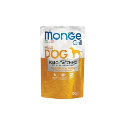 Monge Grill yetkin itlər üçün qrildə bişmiş nəm yem, toyuq əti və hinduşka ilə 100 q