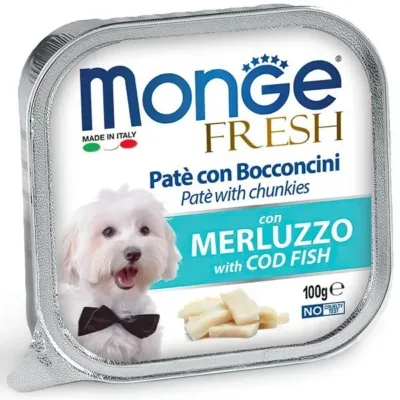 Monge Fresh yetkin itlər üçün nəm yem, paştetdə treska ilə, 100 q