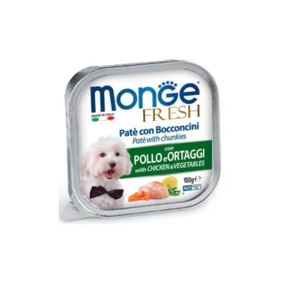 Monge Fresh yetkin itlər üçün konservləşdirilmiş nəm yem, toyuq tikələri və tərəvəzlər ilə pate (paştet) 100 q